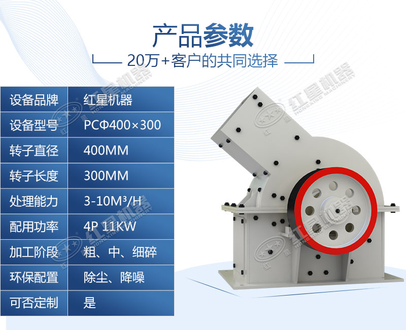 PCΦ400×300小型錘破粉碎機，紅星破碎機報價多少
